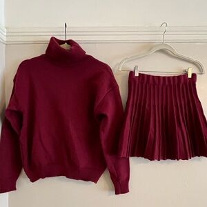 Women's Burgundy Knit Turtleneck & Pleated Skirt Set